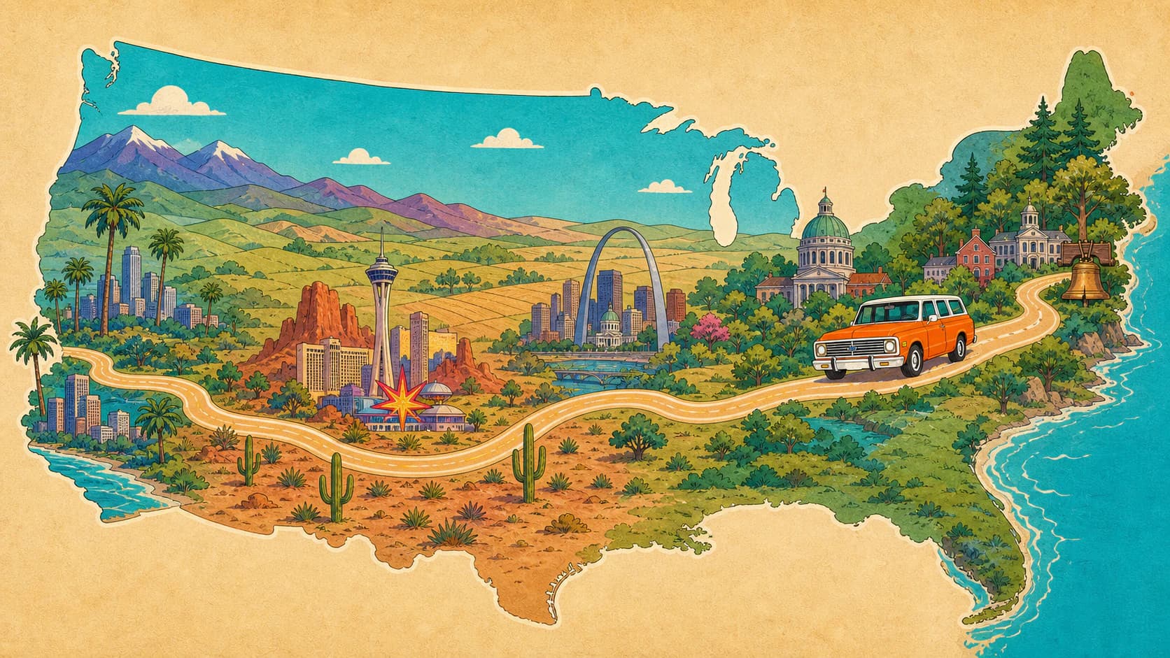 Illustrated road-trip map from Cherry Hill, New Jersey to the Pacific coast