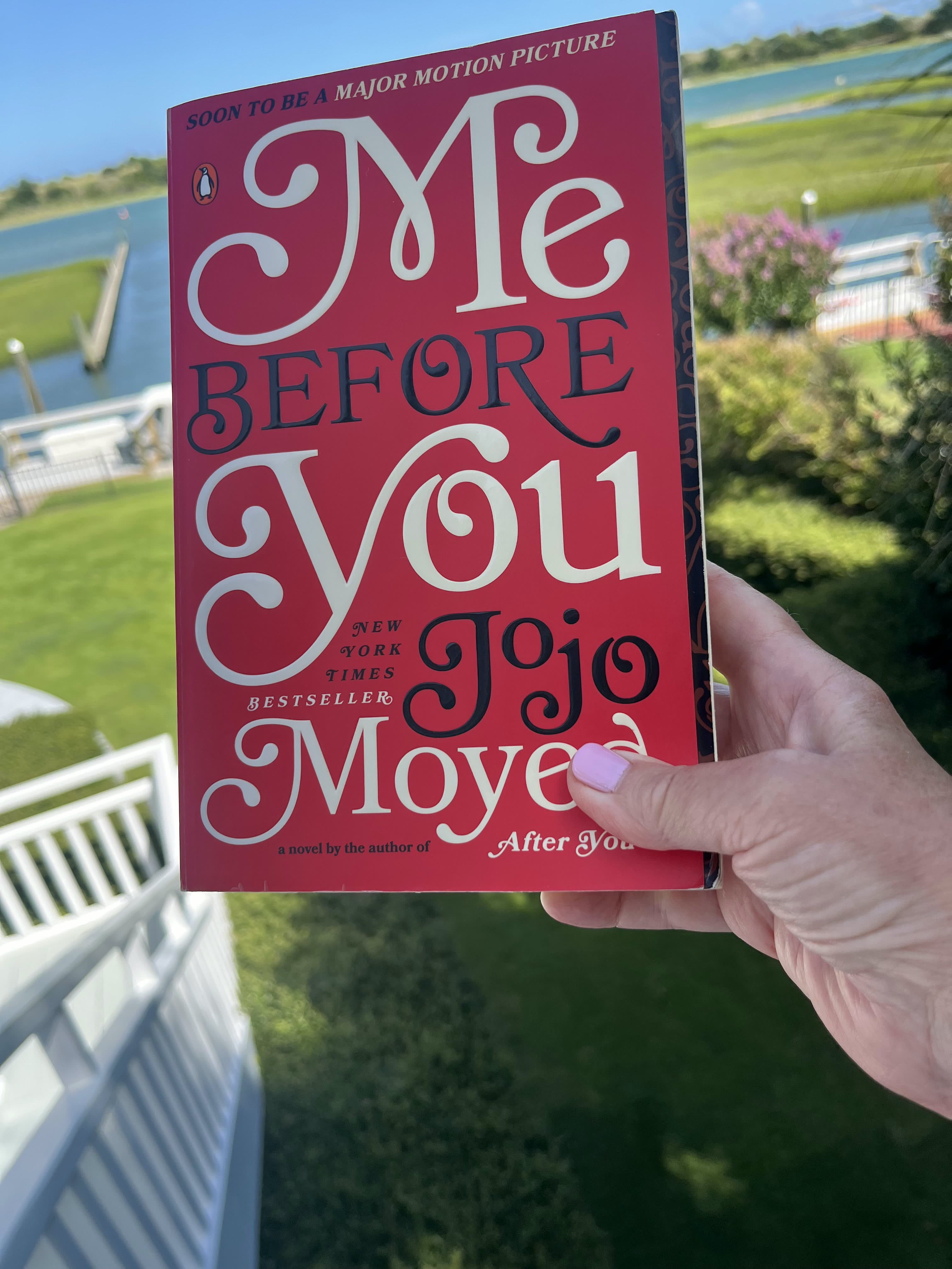 Me Before You held against a sunny coastal garden